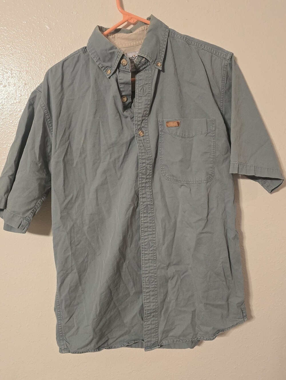 Carhartt Men's Small S1326TB Blue Short Sleeve Button Down Work Shirt Distressed